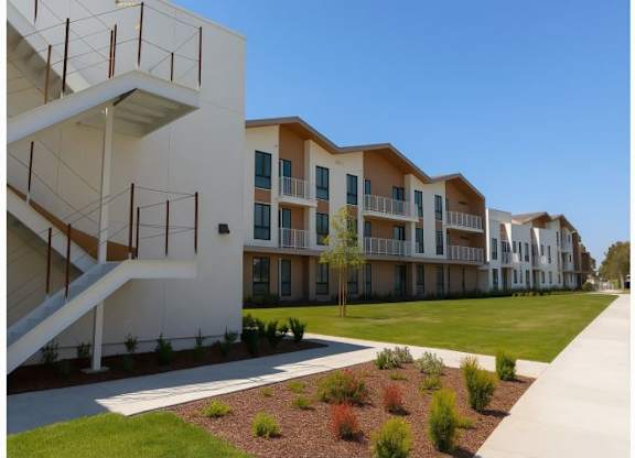 A row of modern apartment buildings with a clear blue sky above.
