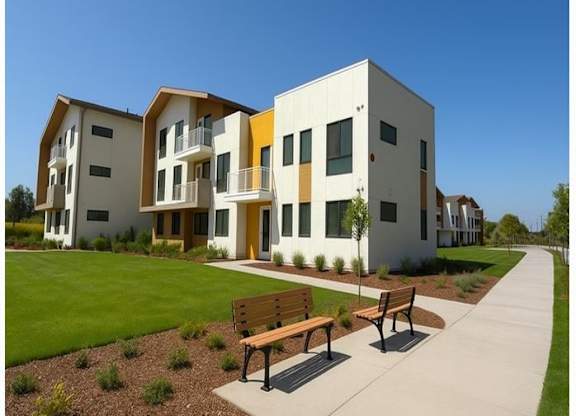 A modern building with a yellow and white exterior and two benches in front.