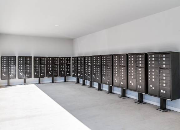 A series of black panels with white text are lined up in a room.