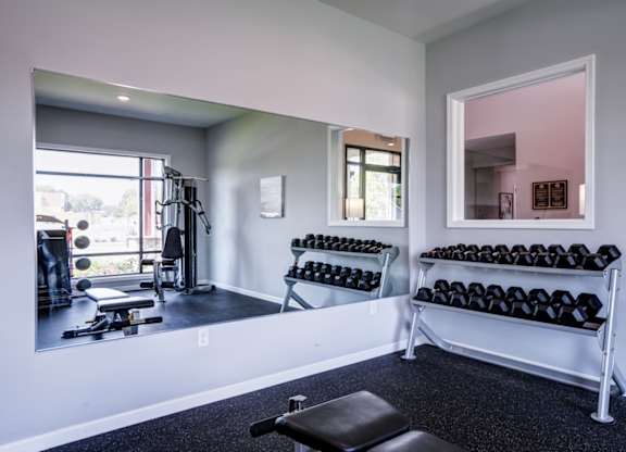 A gym room with a mirror, dumbbells, and a bench.