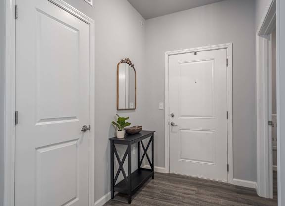 A white door is on the left and a black table with a plant on it is in the middle of the room.