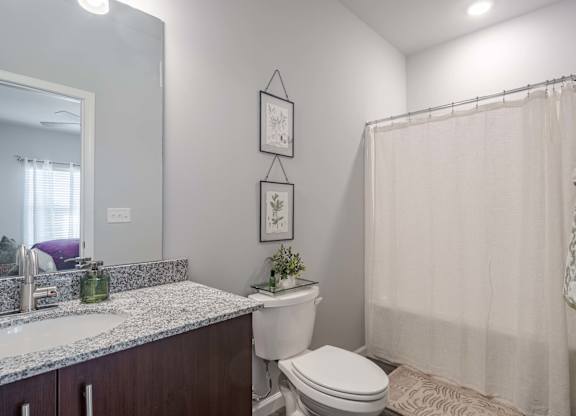 A bathroom with a toilet, sink, and shower.