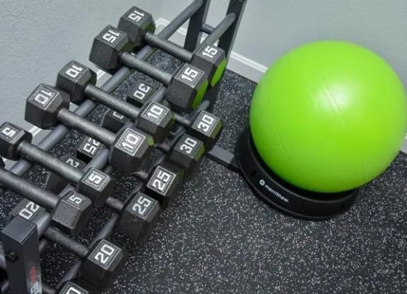 a pile of weights next to a green ball