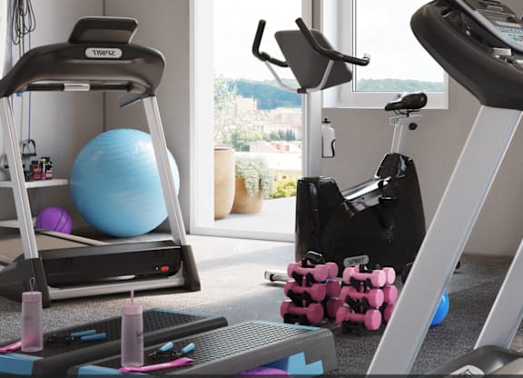 A gym with a treadmill, exercise ball, and weights.