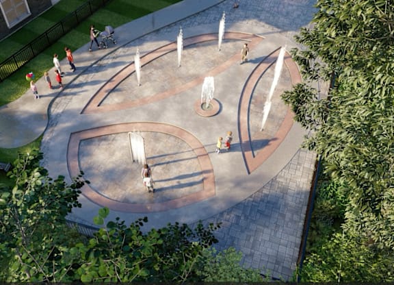 A playground with a slide, swings, and a basketball court.