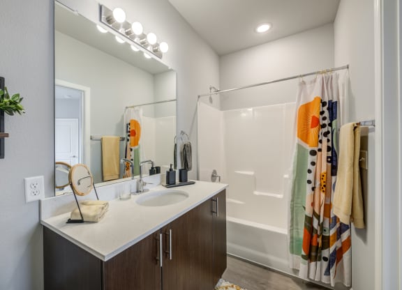 a bathroom with a sink and a shower and a mirror