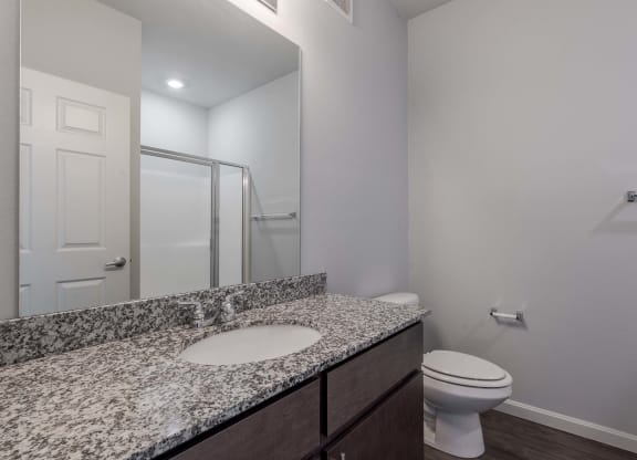 the ensuite bathroom of our studio apartment atrium with shower and sink and toilet