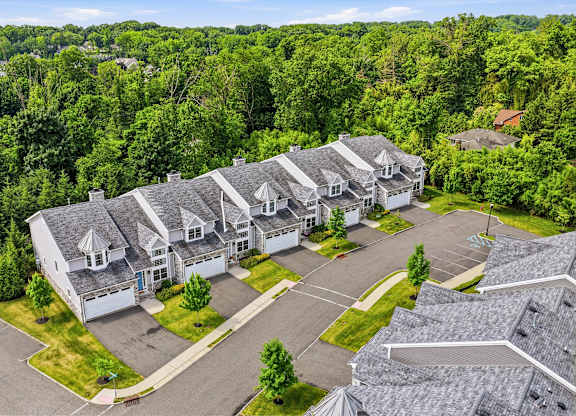 A bird's eye view of a residential area with houses and trees.