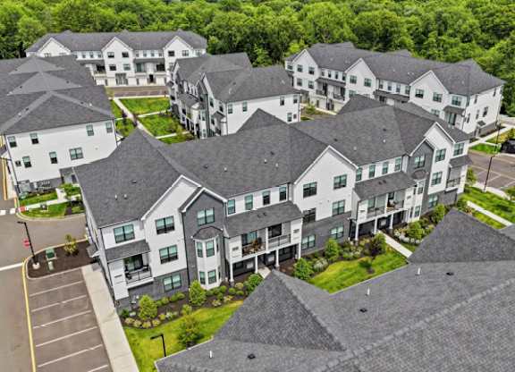 Aerial view of residential apartment community at The Franklin at Marlboro Apartments, Marlboro