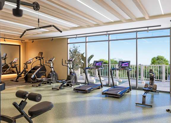 A gym with treadmills, exercise bikes, and other equipment.