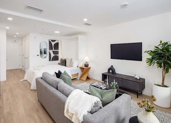 a living room with a couch and a television