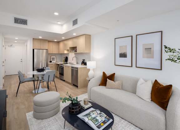 a living room with a couch and a table