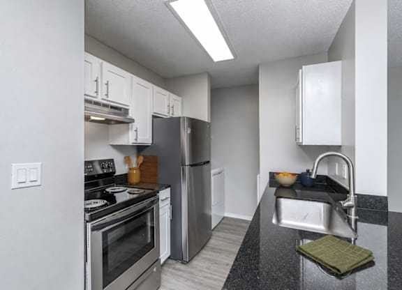 A modern kitchen with stainless steel appliances and a black countertop.