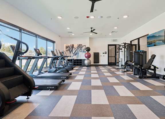 A gym with treadmills, weights, and exercise equipment.