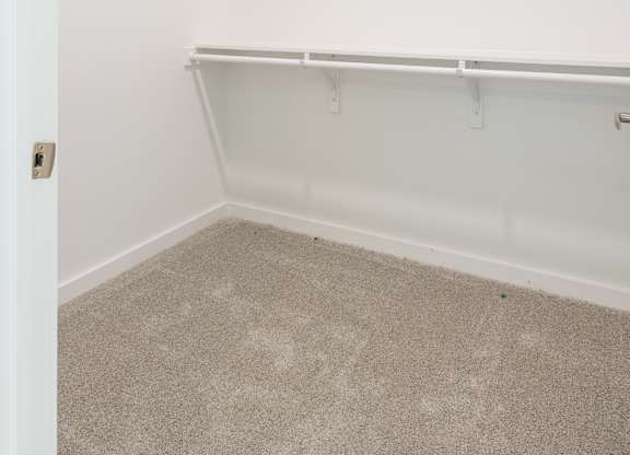 A white closet with a carpeted floor and white shelves.