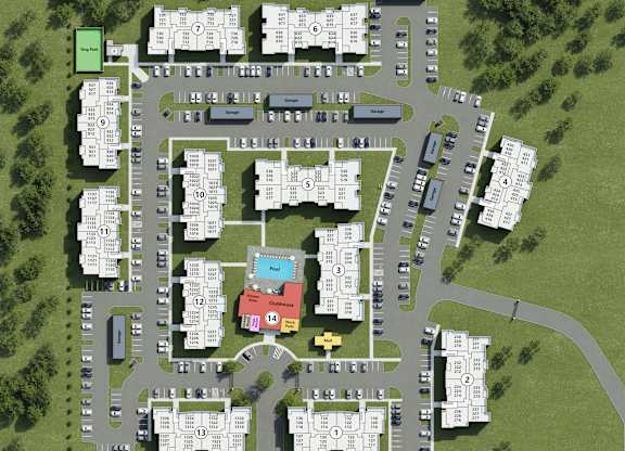 A 3D rendered image of a mmberap showing a layout of buildings with nued sections at 901 Rendon Apartments, Burleson.