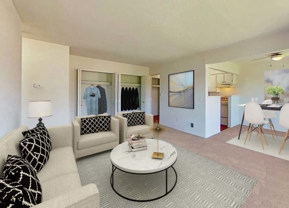 a living room with a couch and a table