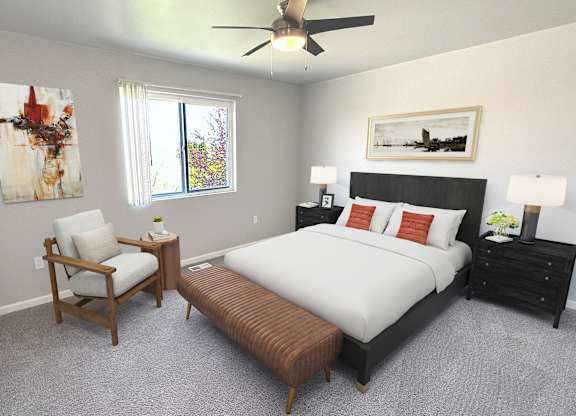 A bedroom with a bed, chair, and painting.