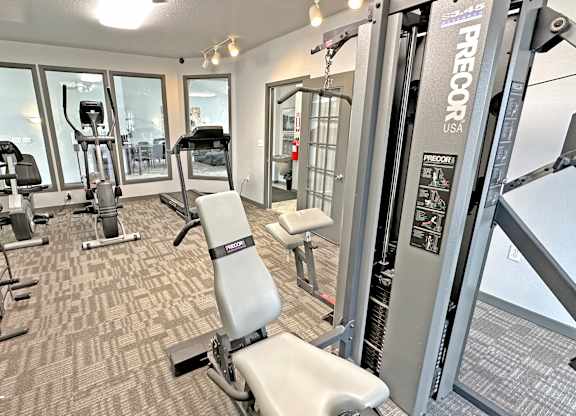 A gym with a variety of equipment including a rowing machine.