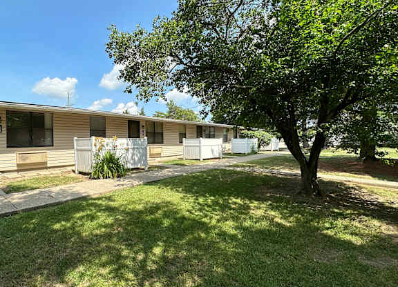 A row of houses with trees in front.