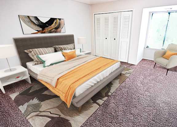 A bedroom with a bed, chair, and a painting on the wall.