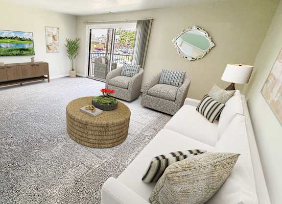 A living room with a white couch, grey chairs, and a wooden coffee table.