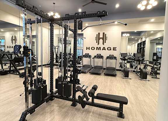 A gym with a variety of equipment including a squat rack, bench, and weights.
