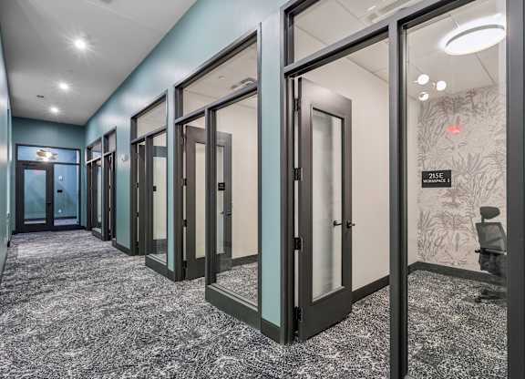 A hallway with glass doors and a carpeted floor at LiveWell Apartments, Pittsburgh, PA, 15222