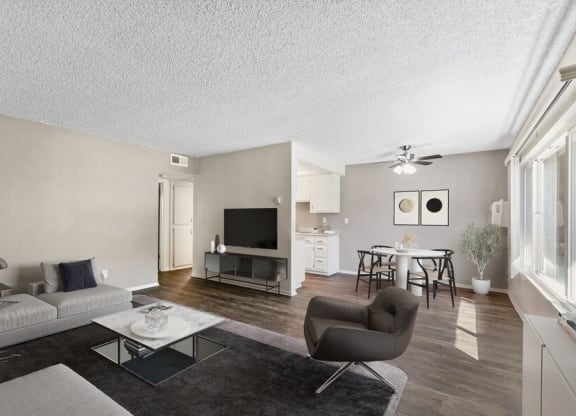 the living room of an apartment with a couch and a chair