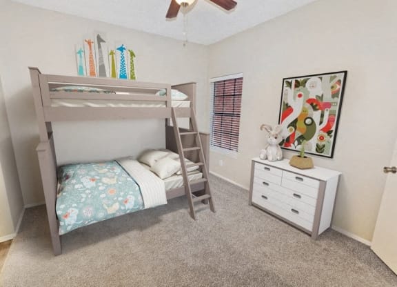 a bedroom with a bunk bed and a dresser at Heatherstone, Dallas, TX