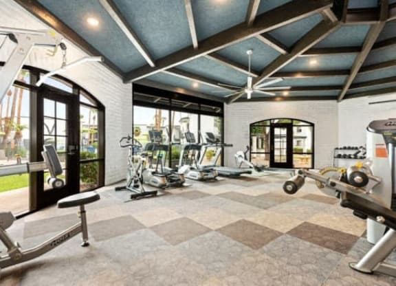 the home gym has plenty of exercise equipment and windows at Vertu, Arizona