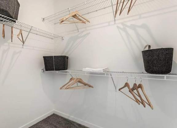 A white closet with hangers and a black box.