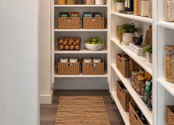 A pantry with white shelves and baskets filled with food items.