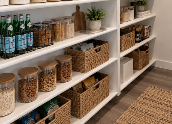 A pantry with white shelves and baskets filled with food.