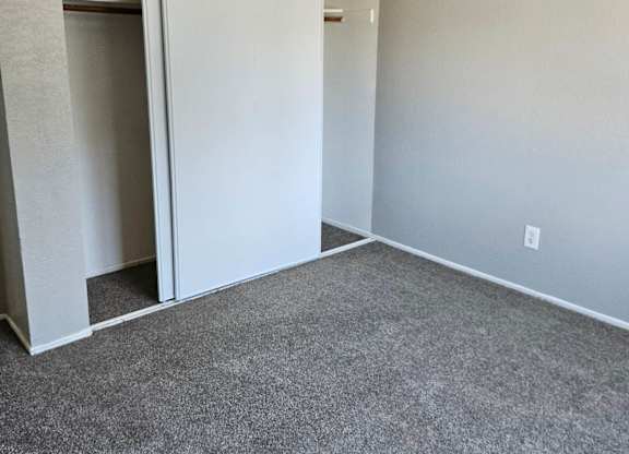 an empty room with a carpet and a closet
