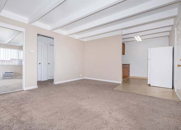 an empty living room with a large mirror and a closet