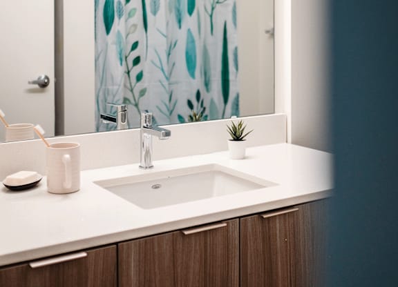 A bathroom with a white sink and a mirror.