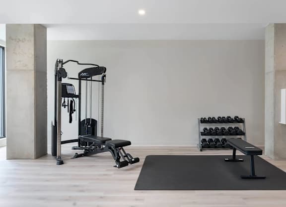 A black weight bench is in the middle of a room with a black mat.