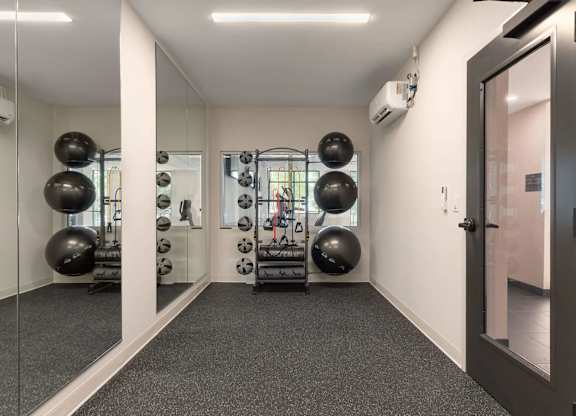 A gym with a mirror, weights, and exercise balls.