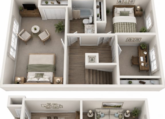 A 3D floor plan of a two-bedroom apartment.