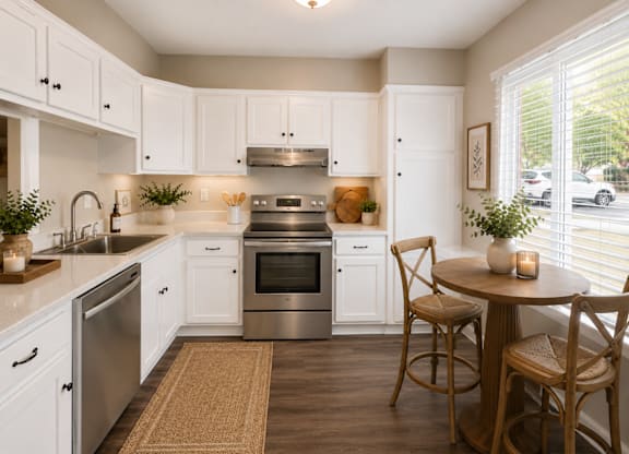 A kitchen with white cabinets and a wooden table.
