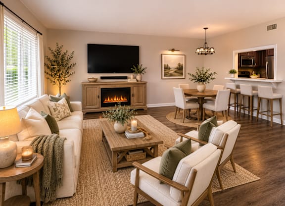 A cozy living room with a fireplace and a television.