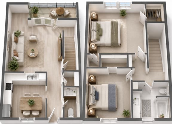 Two floor plan images of a house with a living room, kitchen, and bedrooms.