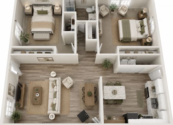 A top-down view of a well-organized apartment with two bedrooms, a living area, and a kitchen.
