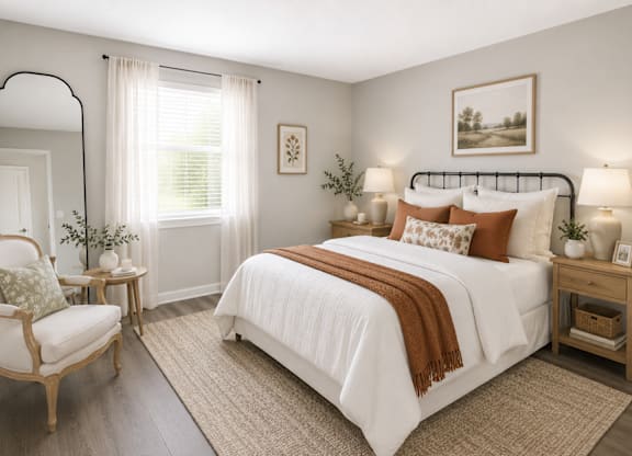 A bedroom with a large bed, a chair, and a painting on the wall.