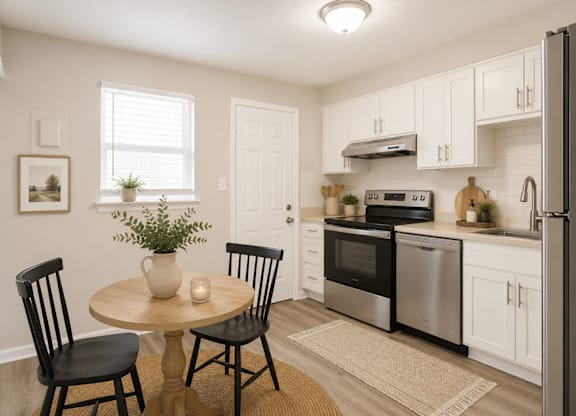 A kitchen with a table and chairs in the foreground and a refrigerator, oven, and microwave in the background.