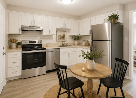 A modern kitchen with a table and chairs.