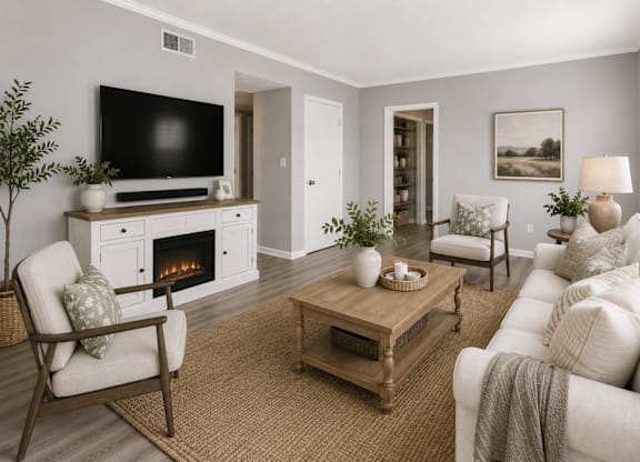 A living room with a fireplace, a chair, a couch, and a coffee table.