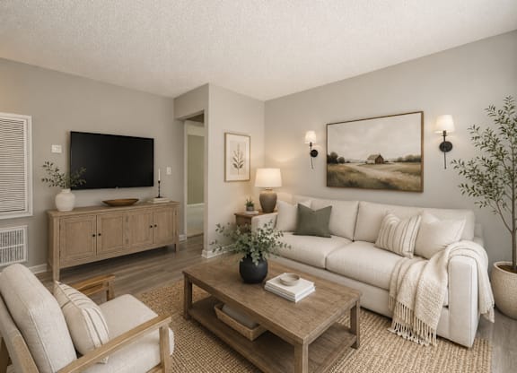 A living room with a white couch, a wooden coffee table, and a painting on the wall.