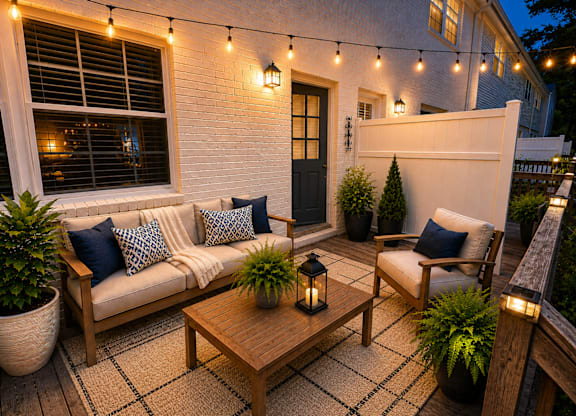 A cozy outdoor seating area with a couch, chairs, and a coffee table.